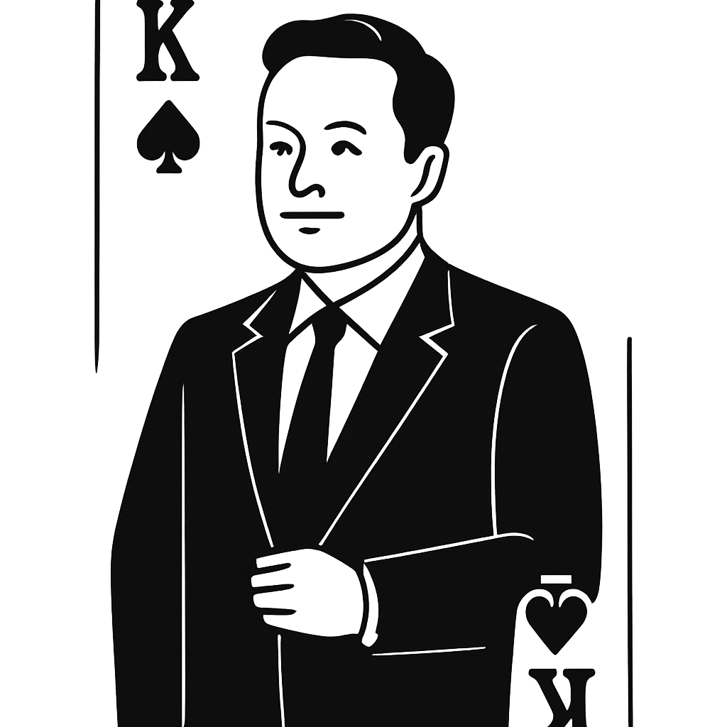 Elon Musk as a playing card character, minimalist line art, business suit, tech entrepreneur emoji