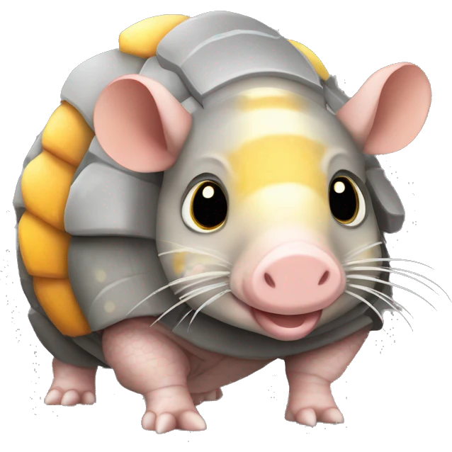 Mottled speckled gray brown chubby armadillo pig with yellow and black and orange and cute tiny eyes emoji