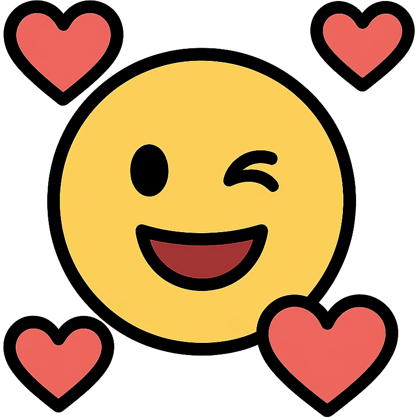 winking silly face surrounded by hearts, modern icon style, bold lines, simple shapes, colorful emoji