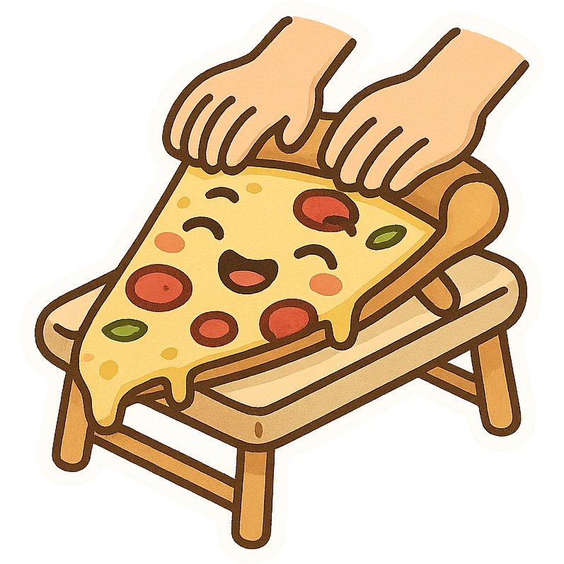 cartoon pizza slice lying on a massage table with hands massaging it, cheerful style emoji