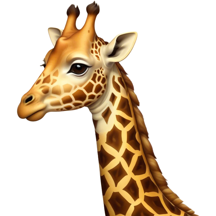 Cinematic Noble Giraffe Portrait Emoji, Poised and regal, with a towering, elegant build and a stunning, patterned Fur of warm yellows and browns, long, graceful neck and soulful, gentle eyes, Simplified yet sharp and sophisticated features, highly detailed, glowing with a soft, dignified glow, high shine, intelligent and graceful, stylized with an air of savannah majesty, focused and attentive, soft glowing outline, capturing the essence of a watchful and confident giant, so majestic it feels as though it could stretch out of the screen with effortless authority! emoji