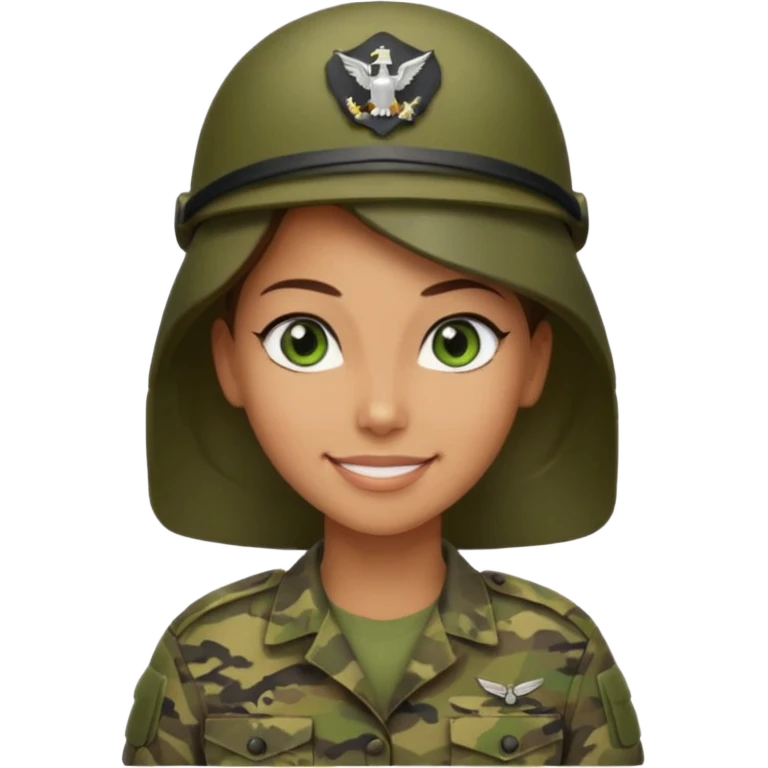 Apple-style emoji: female soldier, bust, no cap/helmet, friendly smile, generic camo top,  emoji