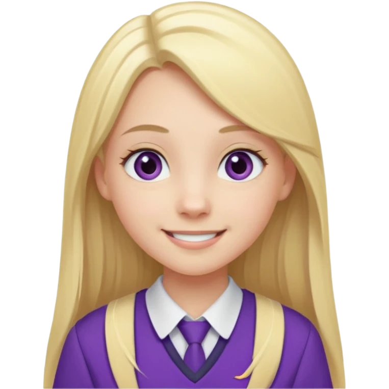 A pale girl with gray eyes and long and blonde straight hair , smiling wearing a purple school uniform  emoji