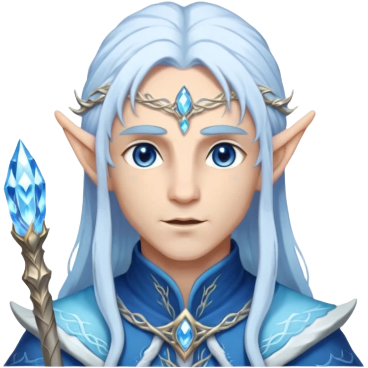 Legendary fantasy Christmas elf portrait icon, Santa Claus and Snow Maiden inspired, ancient winter spirit style, long flowing white-blue hair, glowing frost eyes, crystal staff, elegant elven features, divine winter magic aura, icy silver color palette, highly detailed but clean emoji icon male emoji