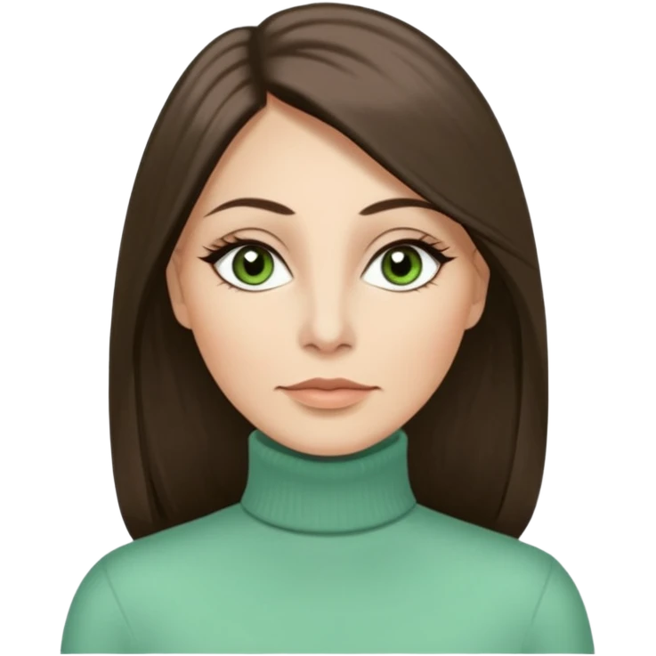 43 year old Adult woman avatar, light skin tone, long, oval face, long straight ashy brown hair, green almond-shaped eyes with dramatic eyelashes and minimal eyeliner, neutral mouth, medium straight eyebrows, average nose, smooth skin,  mint green turtle neck  emoji