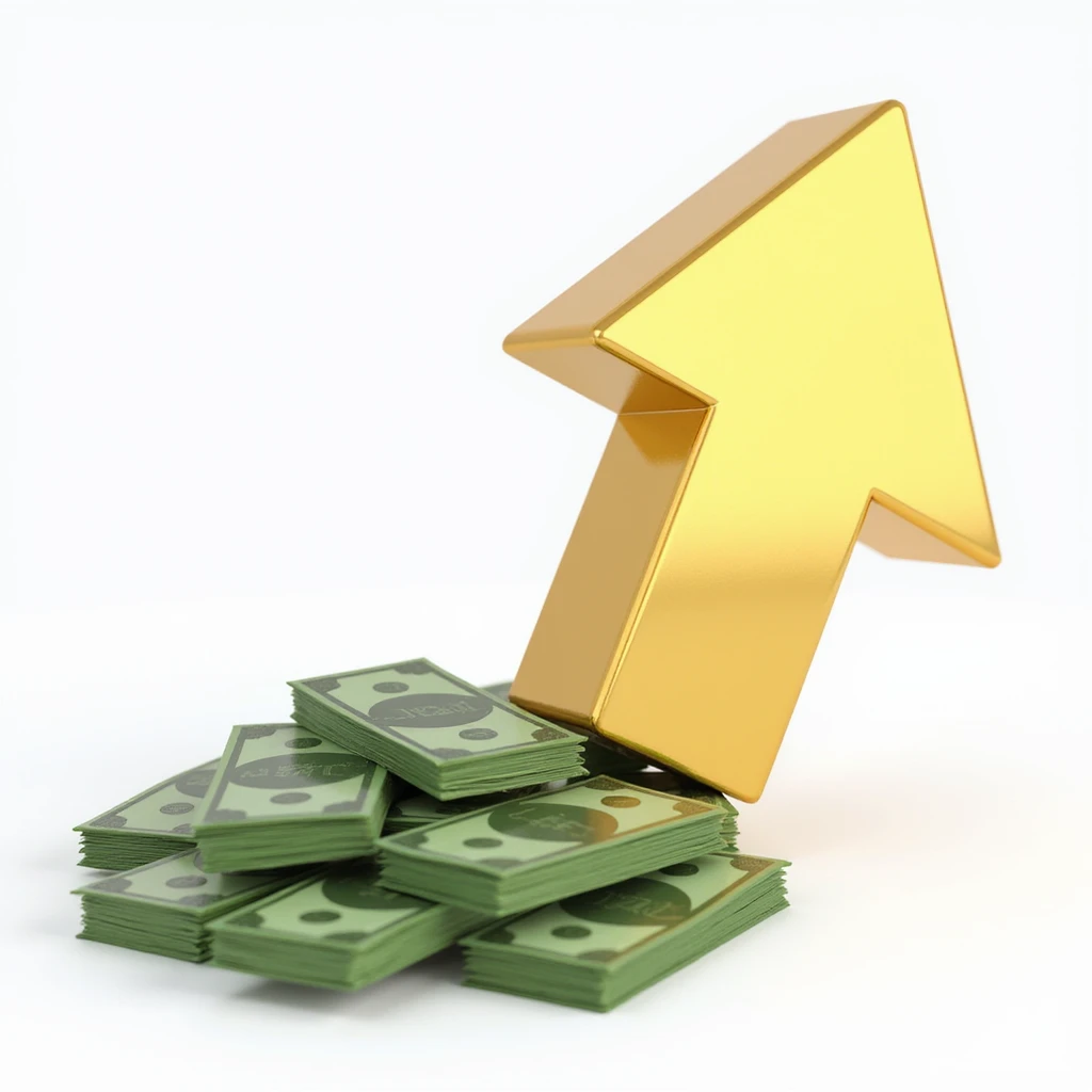 realistic 3D gold arrow pointing right, next to a pile of green cash, photorealistic style emoji