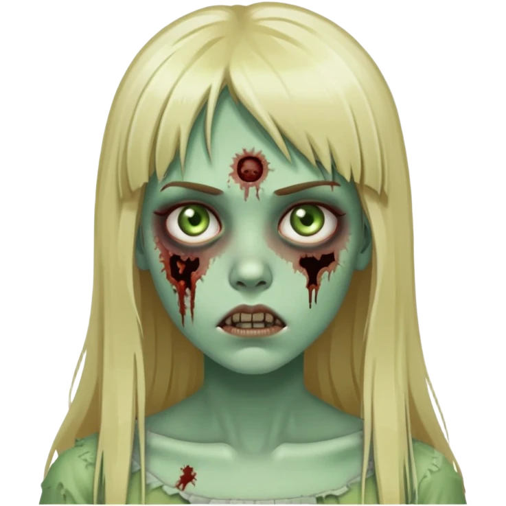 zombie girl with pale green skin, visible wounds, long blonde hair with straight bangs, dead eyes emoji