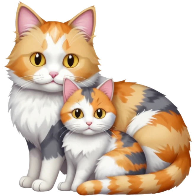 full body colourful light patched calico + white tabby cat cuddling a grey and white cat  emoji