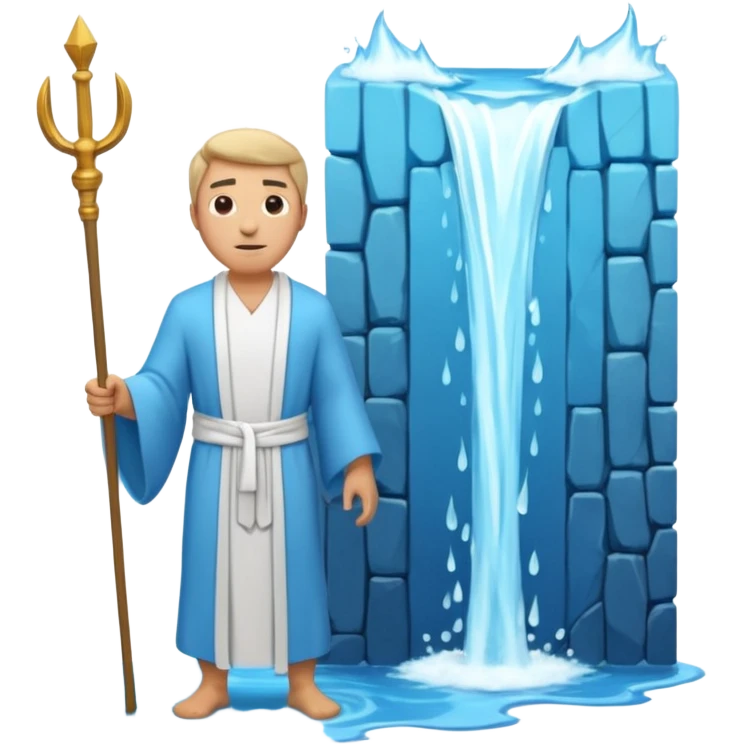 iOS-style 3D emoji: wide blue sea split into two towering water walls, dry path in the middle, Moses standing at the center holding a staff upright emoji