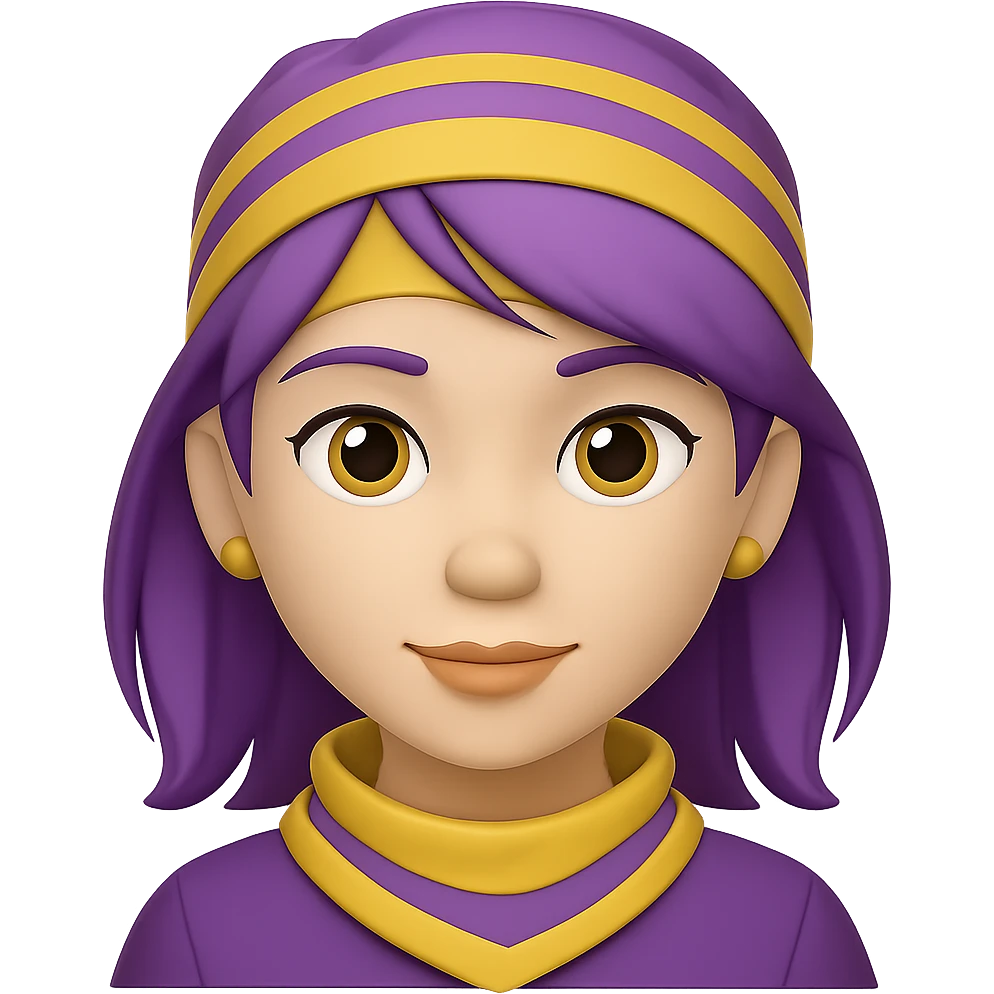 Create an image of a woman in the style of Apple emojis, featuring a striped yellow bandana, purple hair, and earrings, with no background. emoji