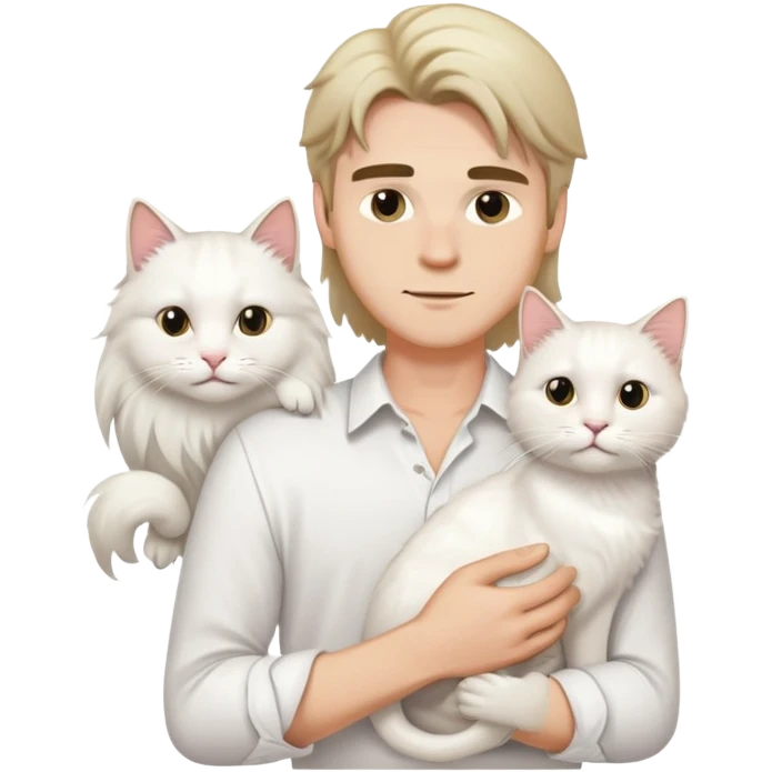 A young handsome Caucasian man in a white shirt holds a long-haired white cat emoji