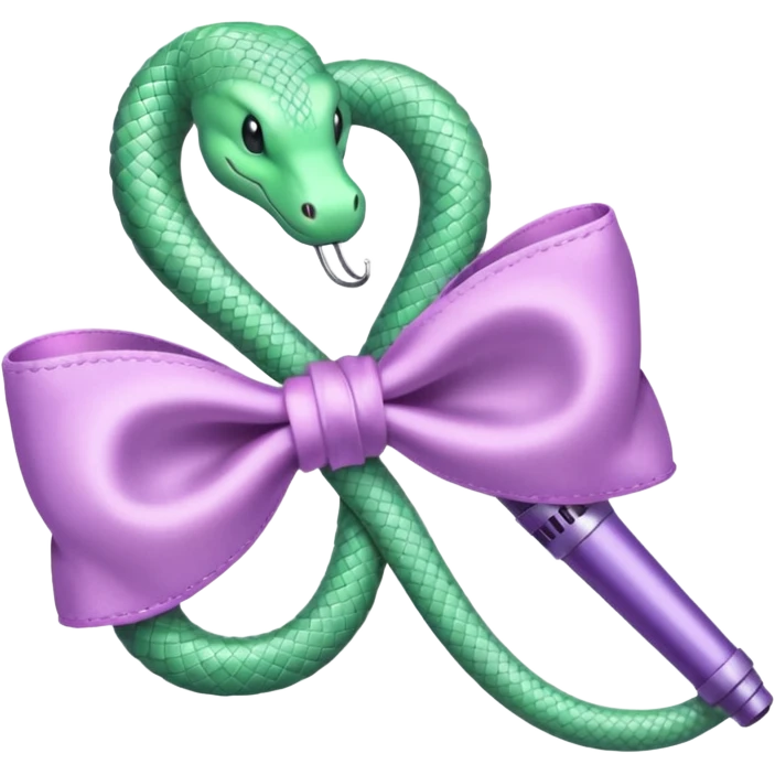 A pastel pink bow with a pastel green snake on the top of one side and a pastel purple microphone on the bottom of the other side emoji