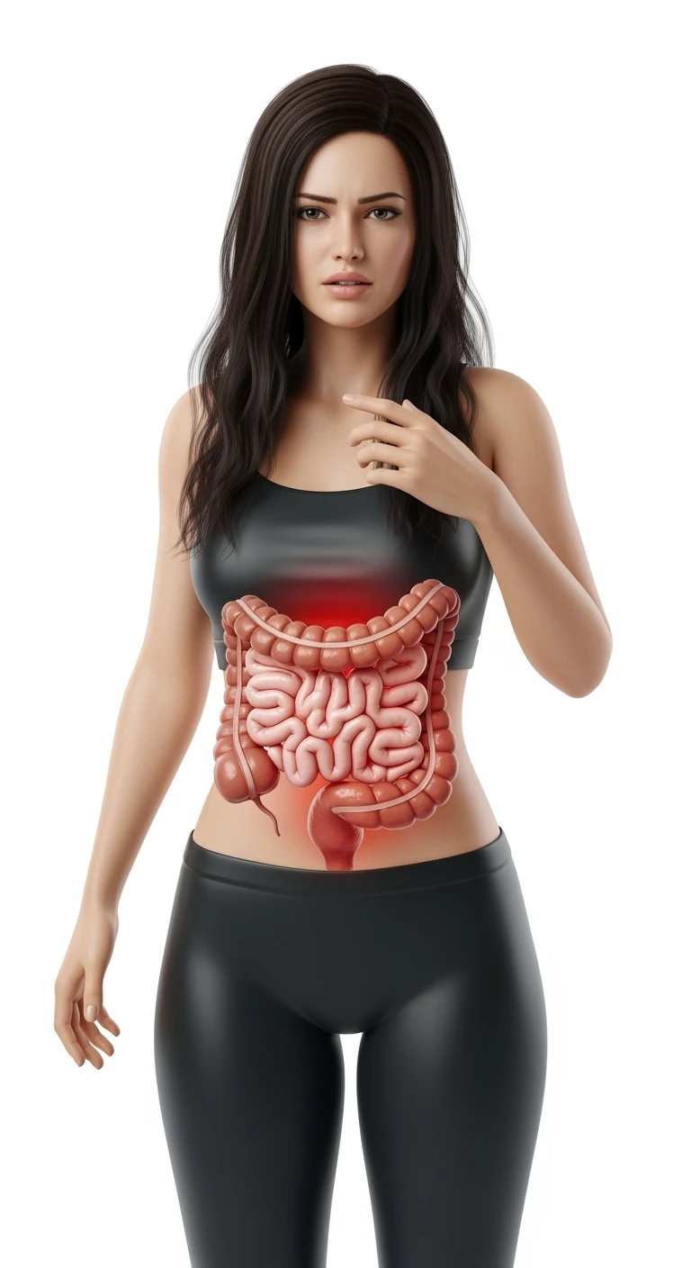 donna a figura intera con intestino umano realistico in 3d in evidenza dolorante, espressione di dolore in volto, sfondo bianco, non farla computerizzata, ma iperrealistica 4k, sfondo bianco emoji