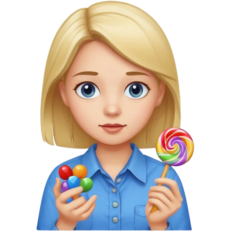 girl in a blue button-up shirt loving candy emoji