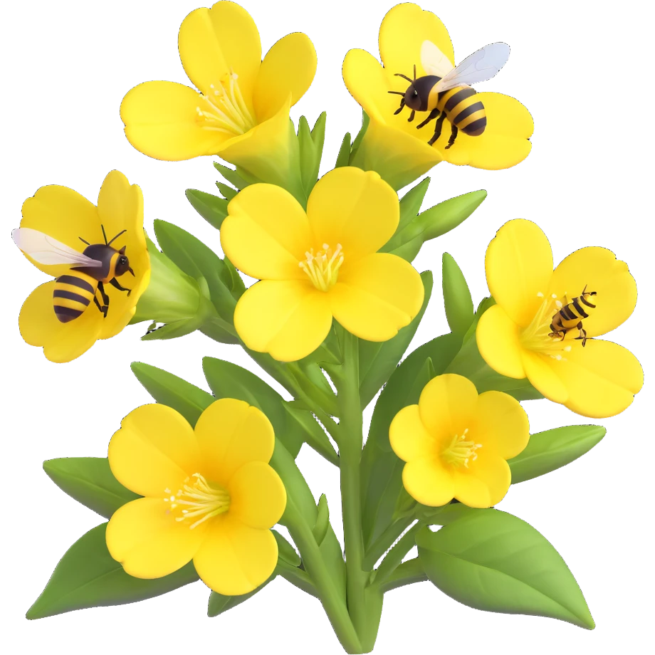 evening primrose and bee, bright colors, realistic details, clean modern background emoji
