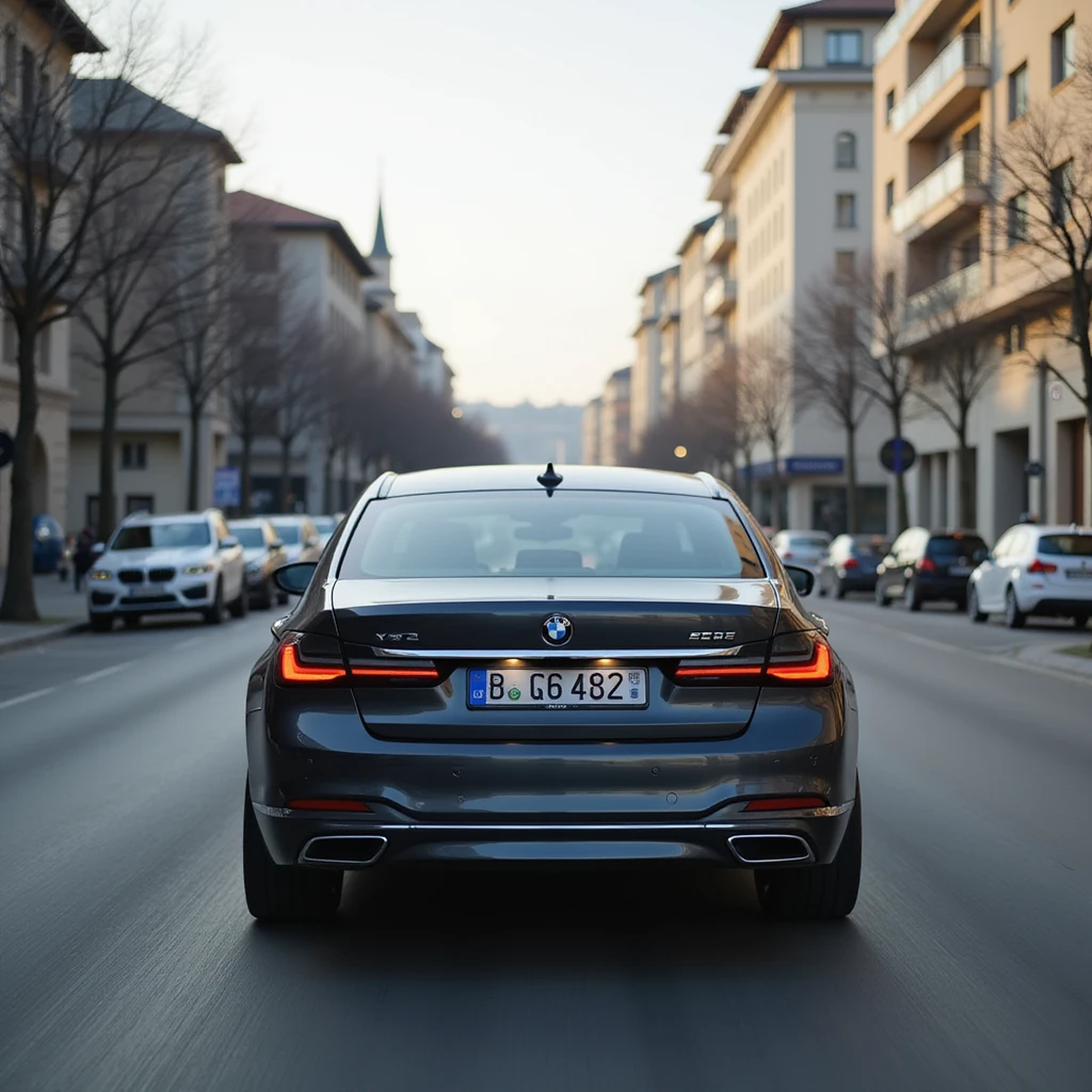 BMW Series 7 2022, back view, photorealistic, driving through a Romanian city, realistic urban background emoji