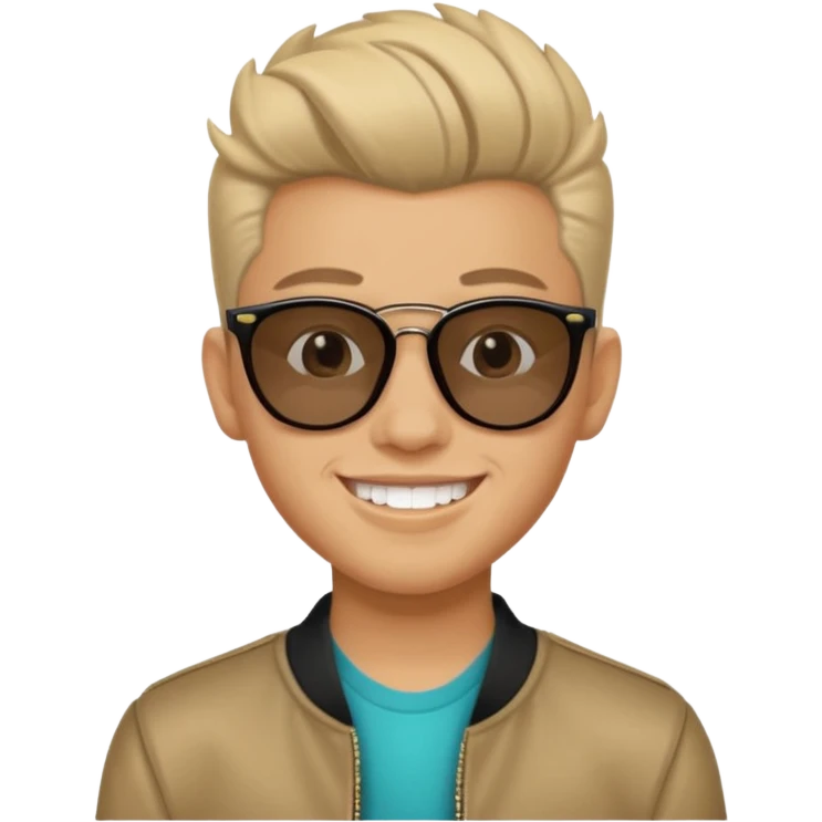 14 year old Mexican with a pompadour with the left side of his hair a little bit on the face grinning with sunglasses emoji