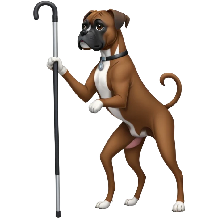 Elderly black boxer dog standing on hind leg using a cane emoji