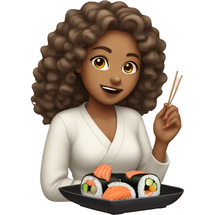 Lightskinned Girl with long curly hair eating sushi  emoji