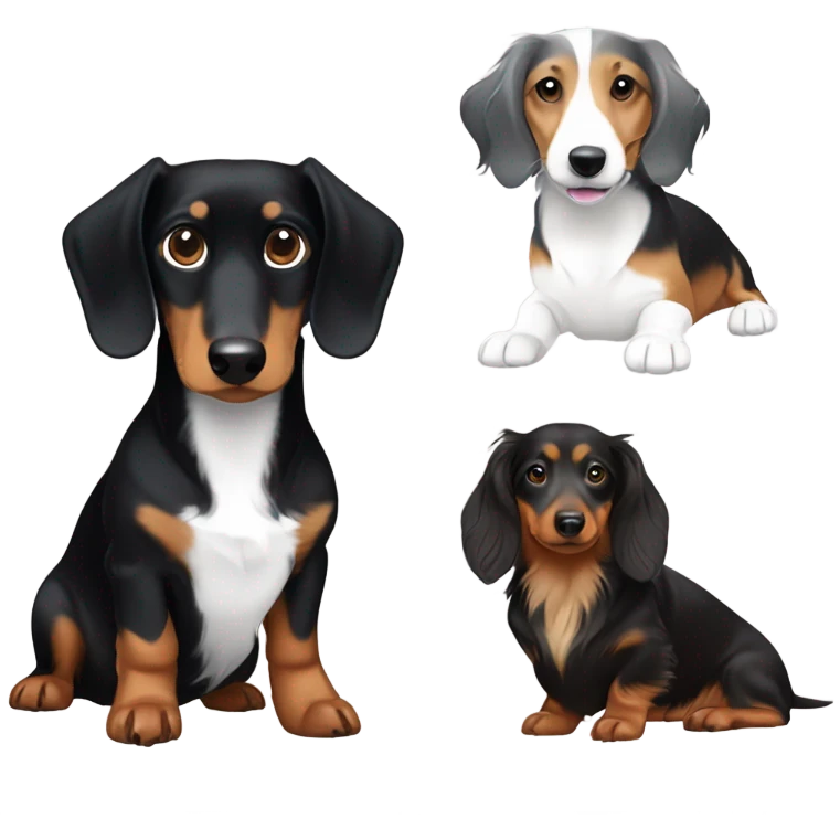 Black and tan dachshund, a long haired brown dachshund and a grey abs white border collie emoji