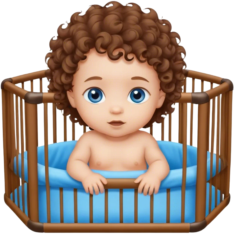 Blue-eyed, soft loose brown curls baby in playpen  emoji
