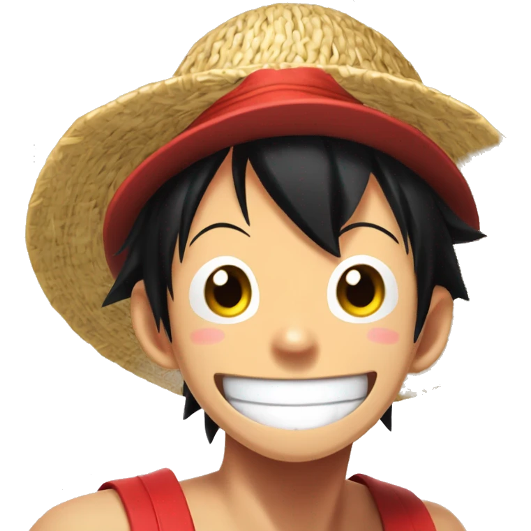 Monkey D LUFFY, Young guy with black hair in a red tank top, wearing a round straw hat with a  red ribbon is making an extremely goofy silly face with a huge smile emoji