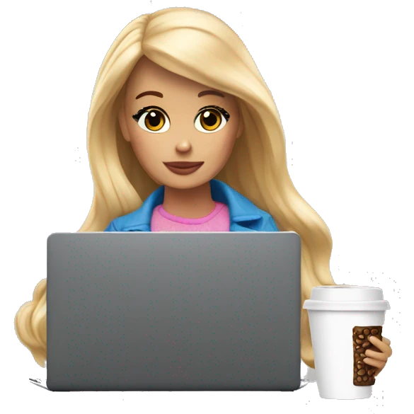 tired barbie with laptop drinking a lot of coffee emoji
