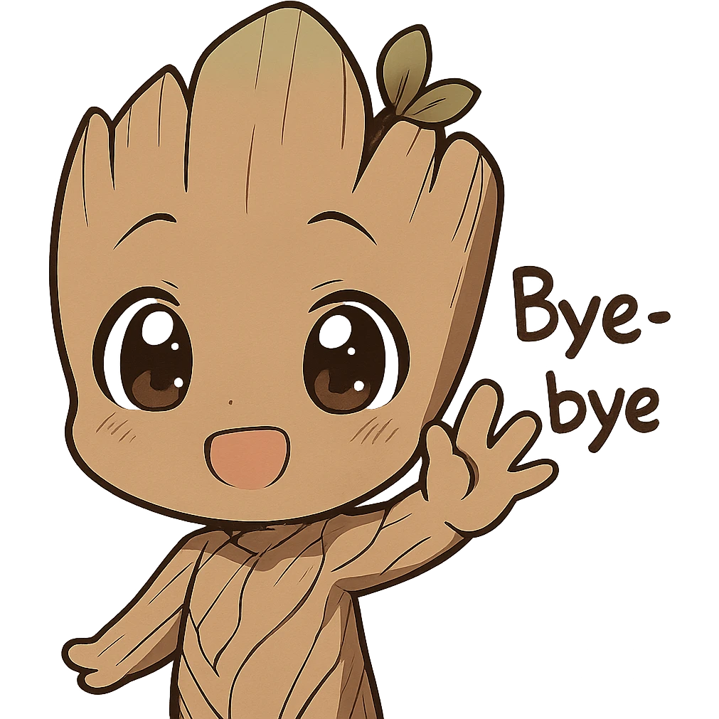 Make Groot more chibi saying bye and waving in an anime style. Remove the background. emoji