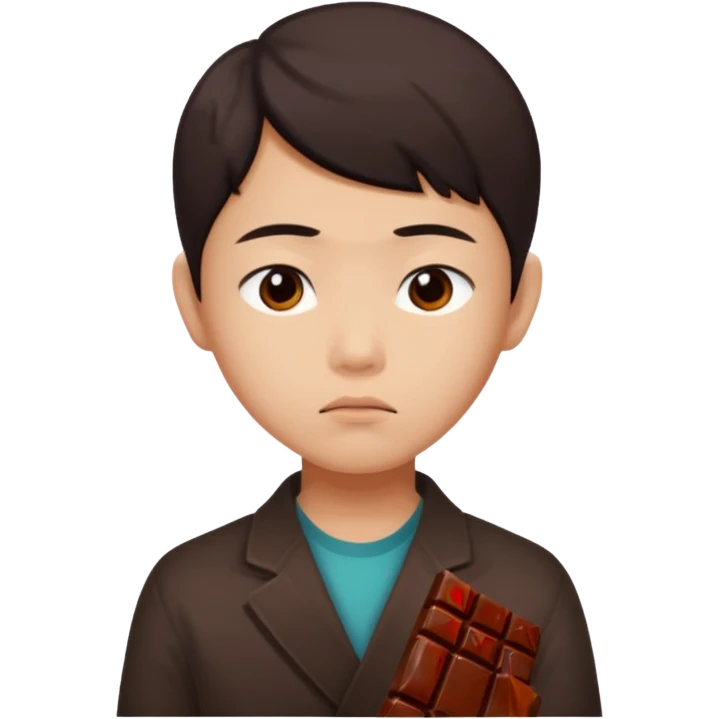 A young Asian dieter with a gloomy expression, thinking of chocolate emoji