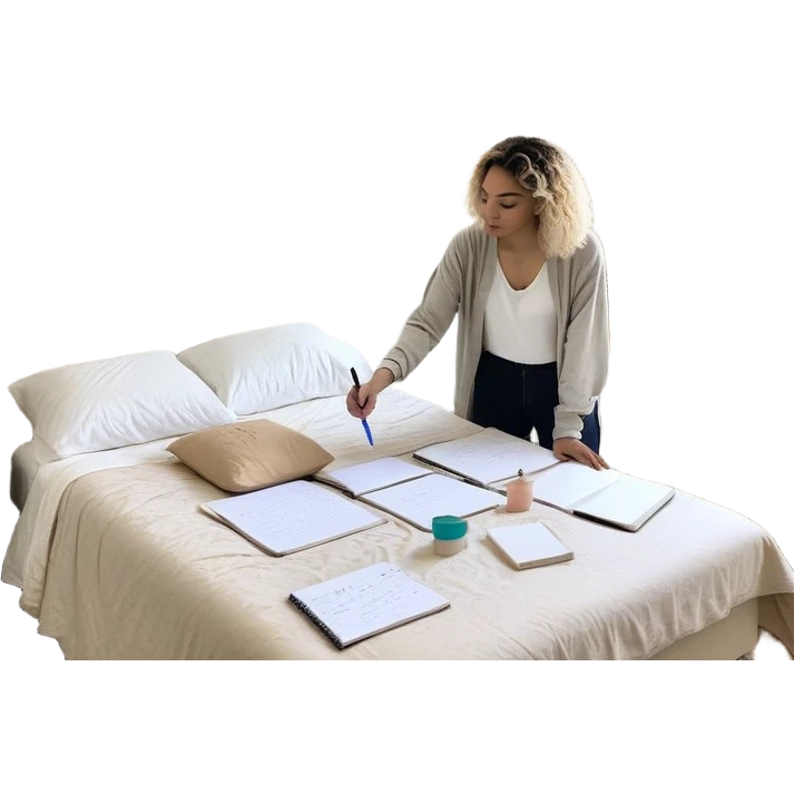A person stands in a slightly messy room, mid-action—one hand writing a brain dump, the other smoothing out a freshly made bed. Three glowing notes are pinned nearby, marking their top priorities. A planner asks, “How can I make this easier?” Their face shows focus—not stress—activated emoji
