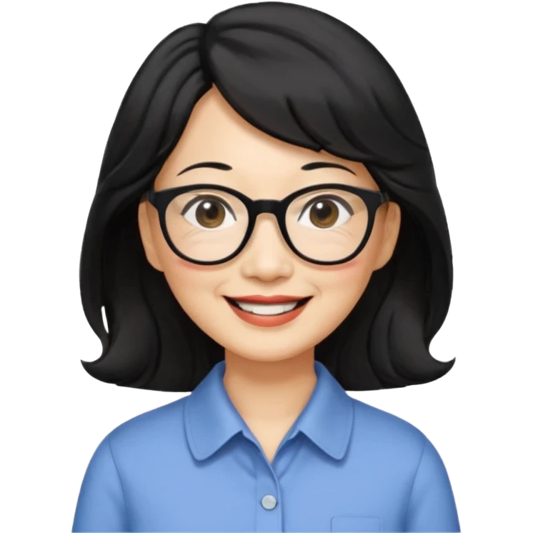 60 yr old asian woman, wavy thick black hair past shoulder length, side part, side swept bang, big smile, collared shirt, long hair, glasses emoji