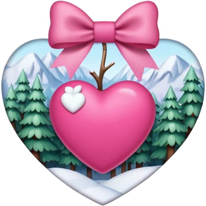 heart with a snowy forest, pink bow with heart pattern on the bow, apple emoji style emoji