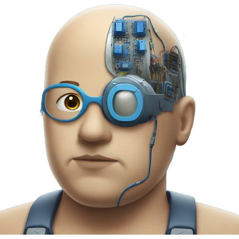 Fat bald cyborg head with tan skin, blue beard, blue goggles and circuits emoji