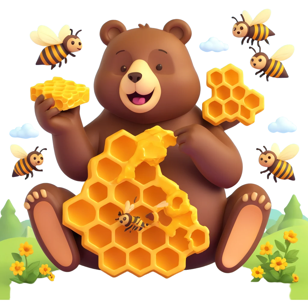 bear eating honeycomb with bees flying around emoji