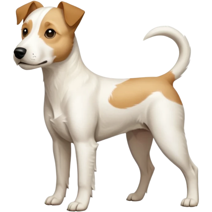 a full body facing front on of a buff white parson russell terrier looking dog the size of a kelpie with light brown long ears and a light brown patch on one eye and a large snout. the rest of the dog is completely white.  emoji