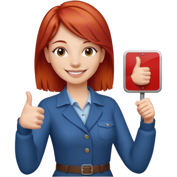 woman with red hair, giving a thumbs up next to a sign with rules emoji
