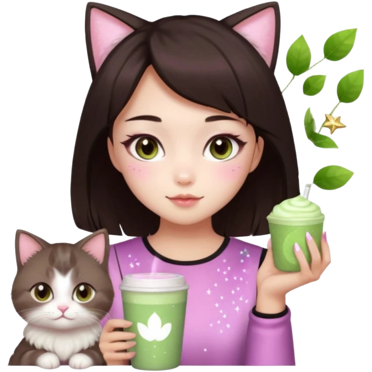asian girl with short dark brown hair and dark brown eyes with a soft girl pink glowup aesthetic, matcha latte, 2 light brownragdoll cats, and sparkles, makeup, and money emoji