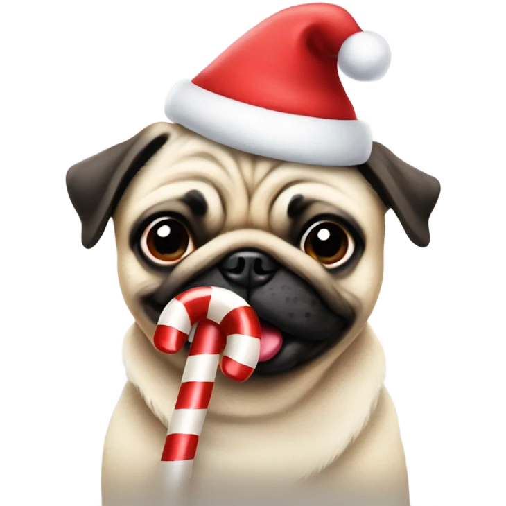 Pug wearing Santa hat licking candy cane emoji