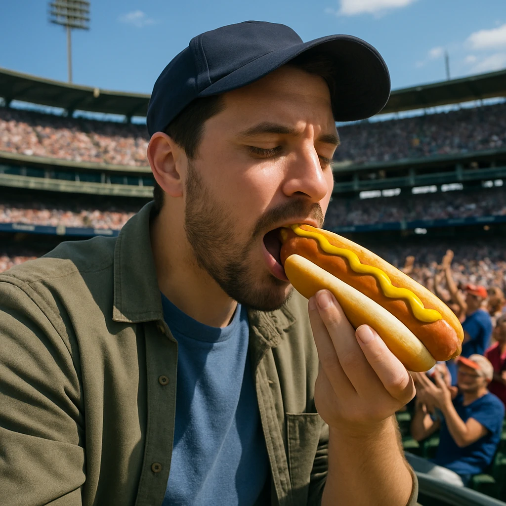 man eating a hot dog at a baseball game emoji