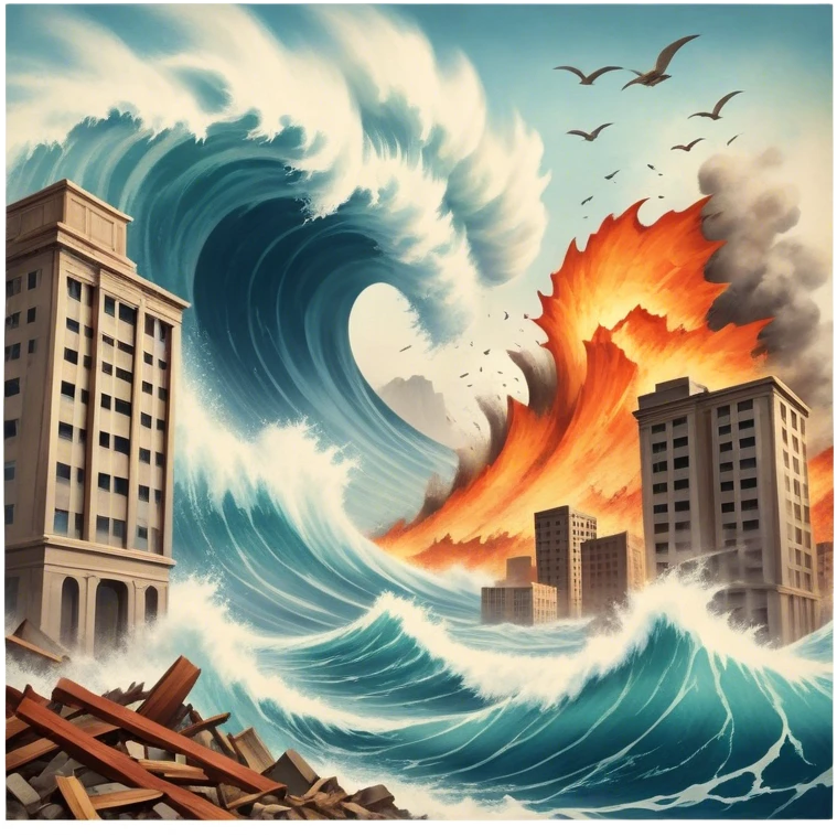 A vintage movie poster-style design with a dramatic scene of a natural disaster like an earthquake, tornado, or tsunami. Include crumbling buildings, flying debris, and fiery explosions. The background should be chaotic, with a cinematic, apocalyptic vibe. Transparent background. emoji