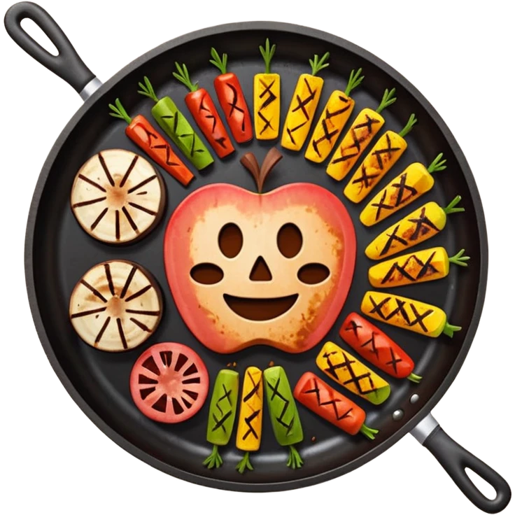minimalist iOS style Apple emoji of a top view plancha with vegetables and pieces of meat emoji