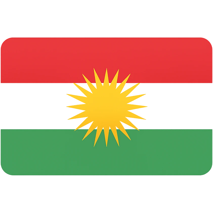 Kurdistan flag, rectangular, vivid red, white, green stripes with a yellow sun in the center, clean and bold design, no text emoji
