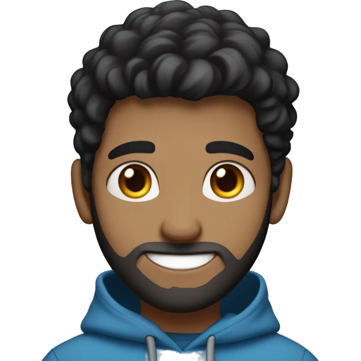 A cheerful young male digital avatar with light skin, large brown eyes, black classic hair, medium beard ,  a bright smile, and a mole on the left cheek, wearing a blue hoodie. emoji