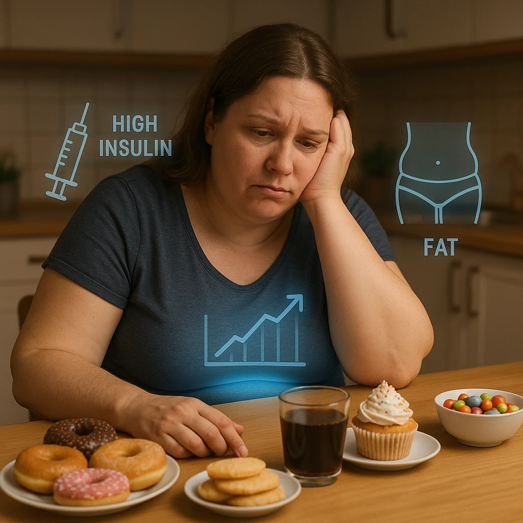A woman in her late 30s, slightly overweight, sitting tired at a kitchen table with sugary foods in front of her. Her expression frustrated. A faint blue glow surrounds her abdomen, symbolizing metabolic dysfunction. Floating around her body: transparent icons of high insulin, rising blood glucose levels (graph with arrows up), and fat accumulation around the belly and hips. emoji