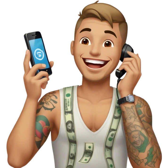 Guy with tattoos laughing on the phone. Money is raining  emoji