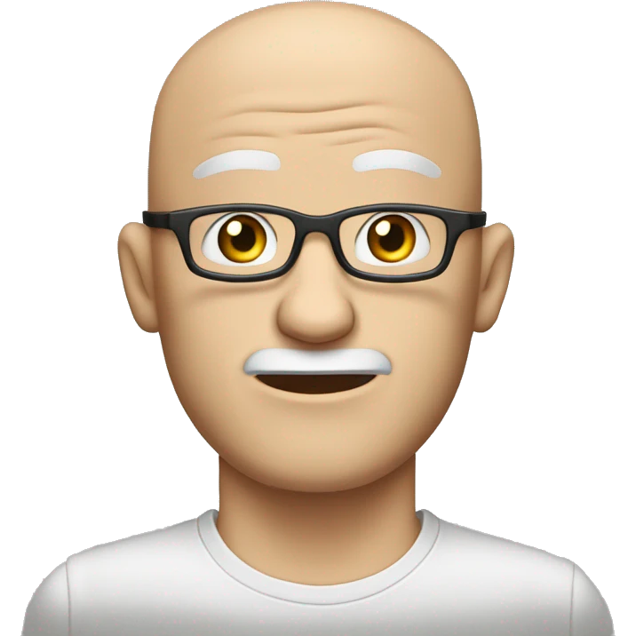 bald white man with a large forehead with wrinkles, thin square glasses and a square-shaped beard in front of his face, always white with his hands open over his ears as if to be able to hear better emoji