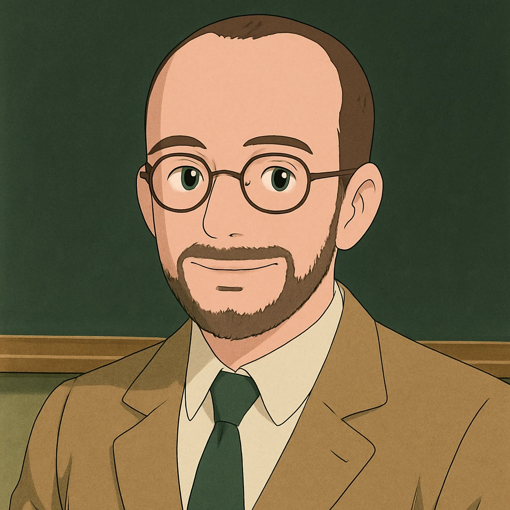 profesor con cabello muy corto, con ligeras entradas, barba muy fina y gafas, piel rosada emoji