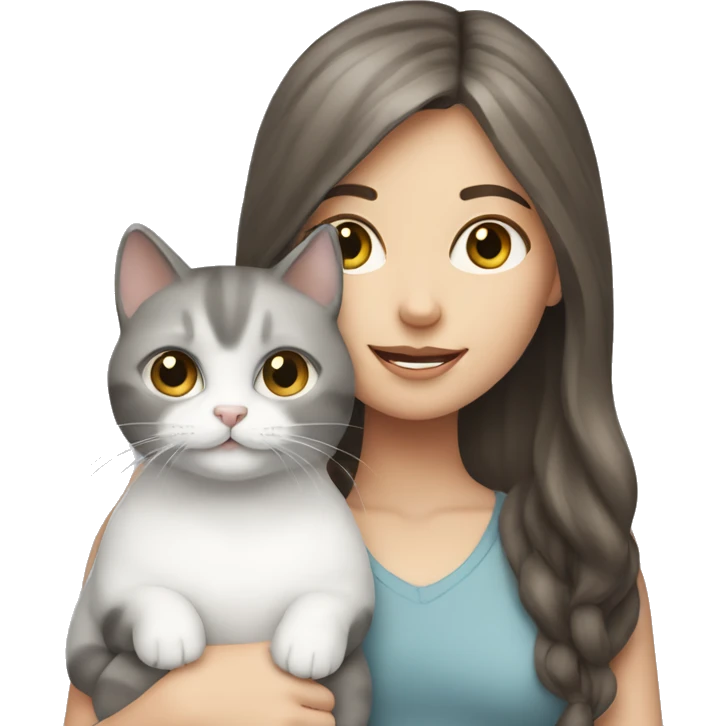 white brunette girl holding grey and white cat emoji