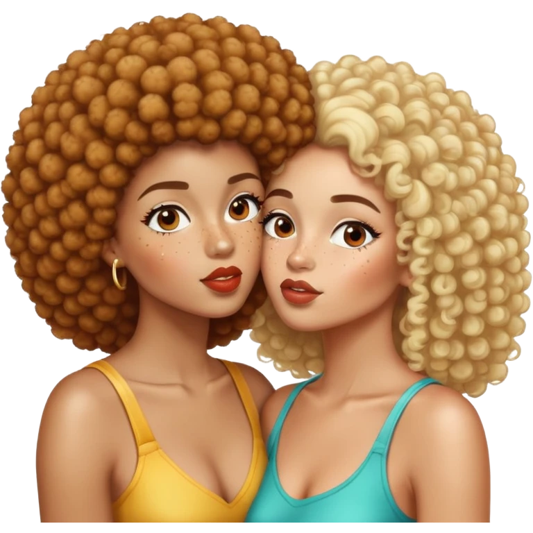 Light skin woman with freckles kissing brown skin woman with an Afro with blonde highlights emoji