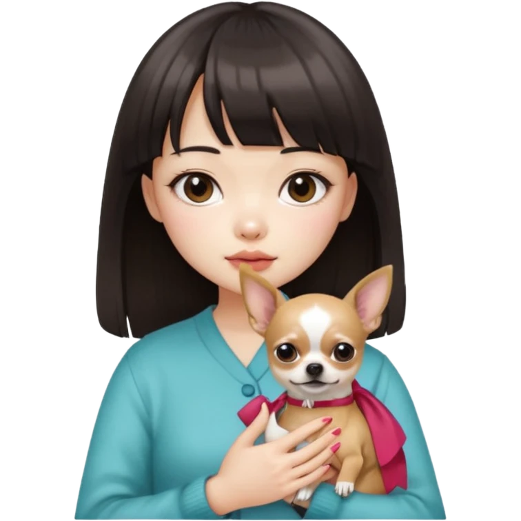 a pretty Asian girl, with hair bangs, pale skin, with manicure holding a chihuahua in her, with the face of "i dont care" emoji